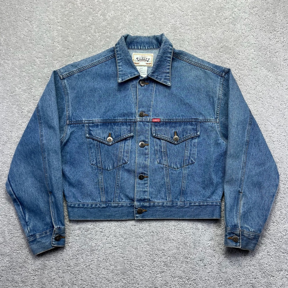 VINTAGE Tickets Clothing Denim Jacket Womens Small Blue Cropped‎ Trucker Western